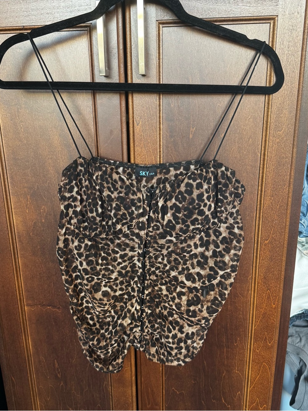 Sky Plus Leopard Print Sheer Mesh Ruched Hook & Eye Corset Cami